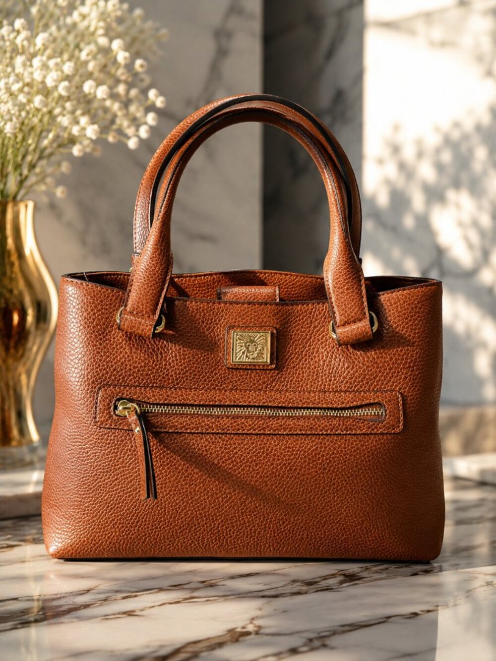 Anne Klein Brown Pebbled Leather Satchel with Gold Hardware